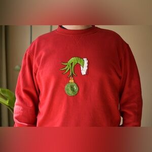 Handmade Embroidered Christmas Red Sweater • Grinch Hand Ornament - Unisex